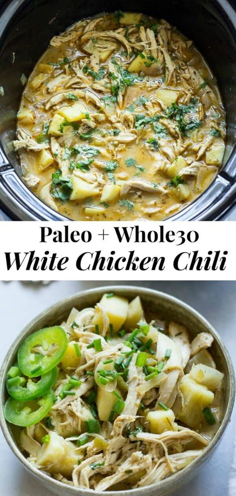 This slow cooker paleo white chicken chili with sweet potato is an easy, all in one healthy Paleo and Whole30 meal for any night of the week!  Great to makes ahead and pack for lunches too. Kid approved, gluten free, dairy free and a blog favorite. #paleo #cleaneating #whole30 Chili With Sweet Potato, Healthy White Chicken Chili, Sweet Potato Paleo, Chili Paleo, Whole 30 Soup, White Chicken Chili Recipe Crockpot, Slow Cooker White Chicken Chili, White Chicken Chili Healthy, White Chicken Chili Slow Cooker