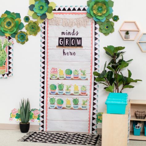 Classroom Cactus Decor, Bulletin Board Plant Theme, Themed Classroom Ideas Elementary, Classroom Decor Cactus, Plants Bulletin Board Ideas, Plant Door Decorations Classroom, Cactus Classroom Door Ideas, Cactus Door Decorations Classroom, Plant Themed Classroom Door