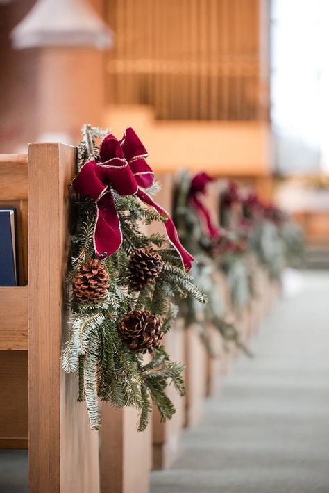 Winter Wedding at Vine Street Church | Nashville, TN Winter Aisle Decor, Christmas Pew Decorations, Christmas Wedding Aisle Decor, Christmas Wedding Decorations Receptions, Christmas Wedding Ideas Elegant, Christmas Church Wedding, December Wedding Decorations, Winter Church Wedding, Christmas Theme Wedding