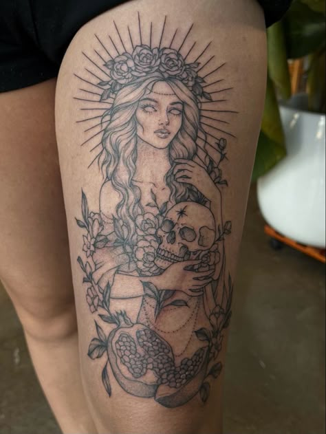 Diety Tattoos, Persephone Crown Tattoo, Mythology Sleeve Tattoo, Goddess Arm Tattoo, Greek Mythology Sleeve Women, Tattoos Of Goddesses, Greek Mythology Tattoos Sleeve Women, Tattoo Goddesses, Medusa And Persephone Tattoo