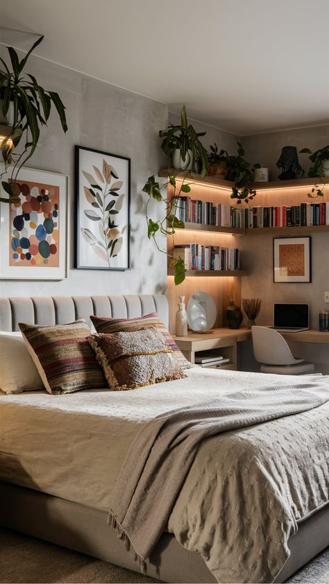 Modern bedroom with a neatly made bed, plants, framed artwork, a shelf of books, and a small desk with a laptop. Warm Bedroom Bedding, Windowless Bedroom Ideas Cozy, Soft Bedroom Aesthetic Cozy, Adult Cozy Bedroom Ideas, Warm Scandinavian Bedroom, Soft Cozy Bedroom Aesthetic, Cosy Neutral Bedroom, Cozy Room Colors, Warm Cosy Bedroom Ideas