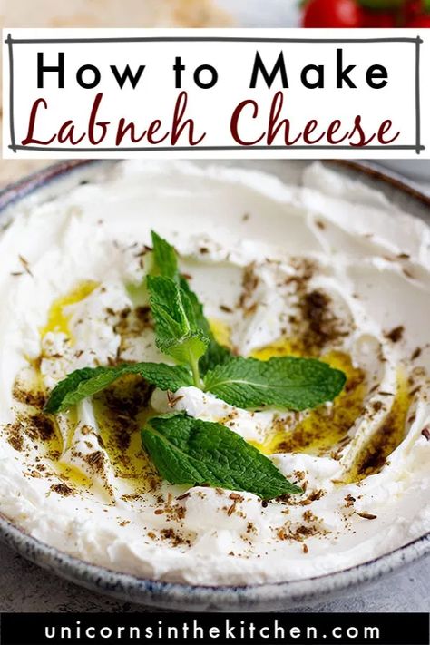 Labneh is a Middle Eastern yogurt cheese made from strained yogurt. It's a healthier alternative to cream cheese. Labneh is tangy, rich and creamy, perfect as a dip or spread. You can easily make labneh at home and serve it with your favorite toppings such as olive oil, zaatar or sumac. Labneh uses are endless: Spread it on a toast or sandwich, serve as a dip or as a part of a Mediterranean mezze platter! #labneh #middleeastern #Mediterranean #yogurtcheese #easydips Labneh Breakfast, Homemade Labneh, Cream Cheese Substitute, Cheese Substitute, Labneh Recipe, Yogurt Cheese, Delicious Cream, Homemade Salads, Homemade Salad Dressing