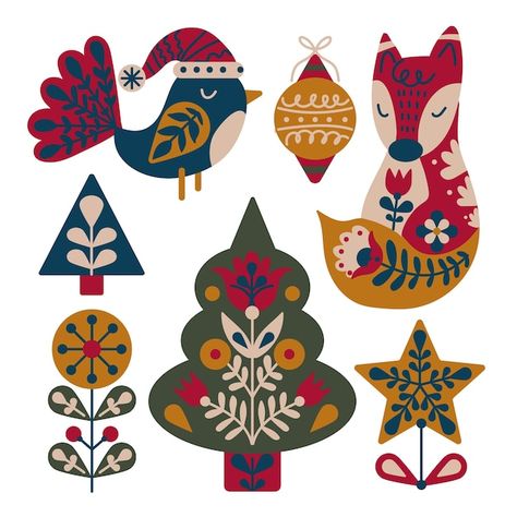 Scandinavian Christmas Embroidery, Christmas Bunting Ideas Diy, Folk Christmas Ornaments, Scandinavian Christmas Design, Nordic Christmas Illustration, Scandinavian Folk Art Animals, Scandinavian Christmas Pattern, Folk Christmas Illustration, Scandinavian Christmas Art