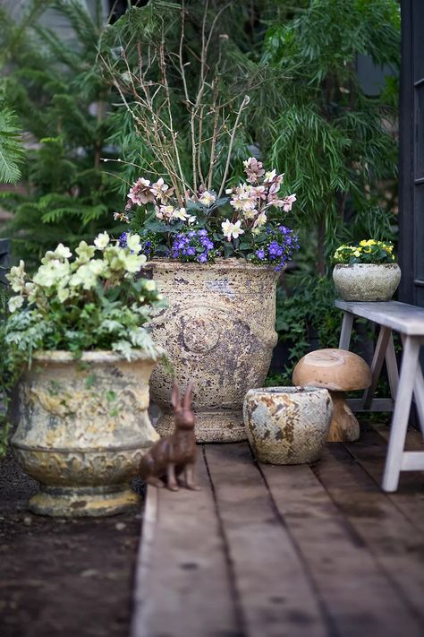 Barnacle French Urn, 25" | Terrain French Country Landscaping, Antiquing Glaze, Urn Planters, Stone Planters, Vintage Garden Decor, French Country Farmhouse, Garden Containers, Patio And Garden, Container Gardens