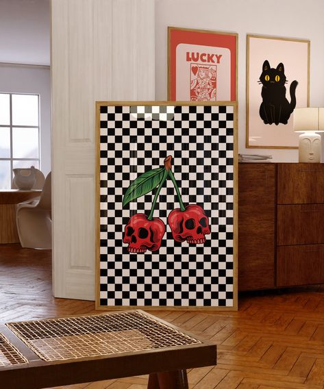 Simplicity Apartment Decor, Checkered Home Aesthetic, Black And Red Home Decor, Checkered Decor Aesthetic, Maximalist Goth Decor, Checkered Bathroom Decor, Retro Salon Decor, Checkered Home Decor, Checkered Room Aesthetic