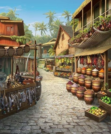 Fantasy Kingdom Concept Art, Fantasy Village Concept Art, Fantasy Setting Village, Village Concept Art, Fantasy Market, Anime Village, Farming Village, Kakariko Village, Mini Village