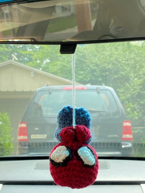 Crochet spiderman for rear view mirror Crochet Gift Idea For Boyfriend, Spiderman Car Decoration, Spider Man Crochet For Car, Crochet Hanging Spiderman Pattern, Hanging Spider-man Crochet, Crochet Men Gifts Ideas, Spiderman Crochet Plushie, Crochet Hanging Spiderman, Crotchet Present Ideas