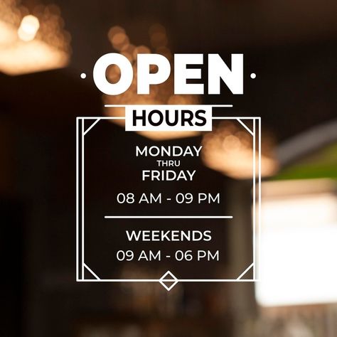 Business opening hours illustration with... | Free Vector #Freepik #freevector #business #time #company #illustration Store Hours Sign, Decal Business, Spa Store, Window Graphics, Window Signs, Custom Vinyl Decal, Colour Chart, Store Hours, Cafe Shop