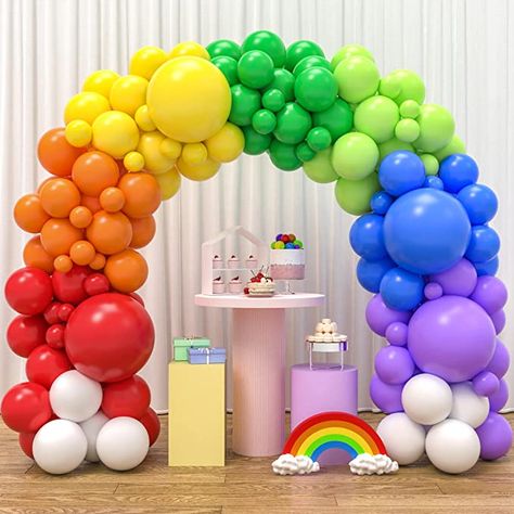 Rainbow Balloon Garland, Party Balloon Garland, Rainbow Balloon Arch, Rainbow Themed Birthday Party, Pic Pic, Transparent Balloons, Rainbow Parties, Gender Reveal Balloons, 2nd Birthday Party Themes