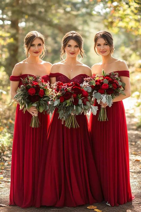 25 Stunning Ideas For A Red Rose Wedding Theme • Christmas Themed Wedding Dresses, Ted Bridesmaid Dresses, Autumn Red Bridesmaid Dresses, Red Wine Bridesmaid Dresses, Red Maid Of Honor Dress, Christmas Wedding Bridesmaids Dresses, Red Rose Themed Wedding, Maroon Wedding Theme, Christmas Bridesmaid Dresses