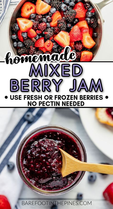 How To Make Jam From Frozen Berries, Homemade Fruit Preserves, Mixed Berries Jam Recipe, Fresh Jam Recipes, Easy Fruit Jam Recipe, Jam Recipes From Frozen Fruit, How To Make Freezer Jam, How To Make Fruit Jam, Wild Berry Jam Recipe