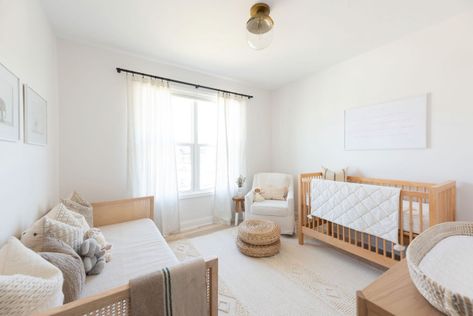 Neutral Nursery With Daybed, Crib And Full Bed Shared Room, Kids Room And Guest Room Combo, Shared Sibling Bedroom, Shared Room Toddler And Baby, Toddler Infant Shared Room, Baby Room With Guest Bed, Nursery With Day Bed, Crib And Toddler Bed Shared Room