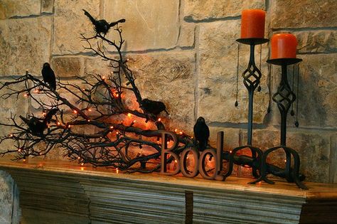 Love the idea of painting a tree branch black & wrapping in orange lights for Halloween Halloween Mantel Decor, Halloween Fireplace, Dulces Halloween, Table Halloween, Decoration Vitrine, Image Halloween, Hallowen Ideas, Halloween Mantle, Halloween Mantel