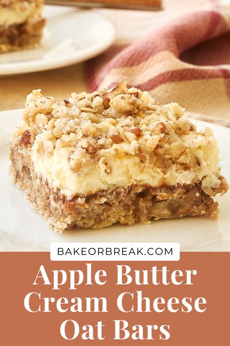 Apple Butter Cream Cheese Oat Bars combine a nutty crust, spiced apple butter, and sweet cream cheese for an amazingly delicious dessert. Sure to become an instant favorite! Apple Butter Cream Cheese, Spiced Apple Butter, Oat Crust, Apple Cheesecake Bars, Cream Cheese Bars, Apple Butter Recipe, Layered Dessert, Homemade Snickers, Apple Cheesecake