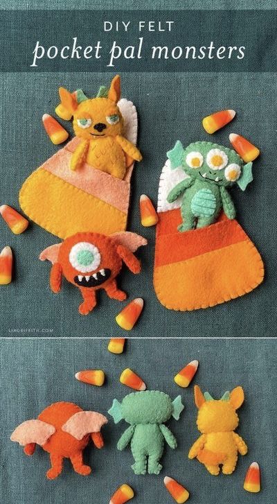 Felt Halloween Ornaments, Candy Corn Pattern, Paper Flower Ideas, Felt Candy, Halloween Felt Crafts, Crafts For Beginners, Halloween Sewing Projects, Pocket Pals, Monster Pillows