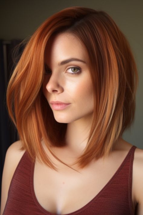 An inverted long bob with copper tones brings a twist to the classic bob hairstyle. The copper tones add shine to both wavy and straight hair, making it a great choice for any hair type. Click here to check out more stunning lob haircuts (Long Bob) for right now. Copper Hair Straight, Long Red Bob, Red Head Bob, Copper Long Bob, Long Bob Red Hair, Red Hair Long Bob, Red Hair Bob, Copper Lob, Red Long Bob