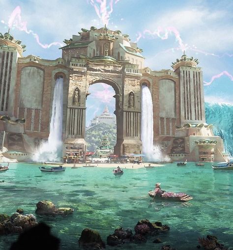 Fantasy Sea Kingdom, Fantasy Water City Concept Art, Sea City Fantasy Art, Seaside Castle Fantasy Art, Hydra Concept Art, Port City Fantasy Art, Fantasy Architecture Concept Art, Sea Fantasy Art, Josh Hutchinson