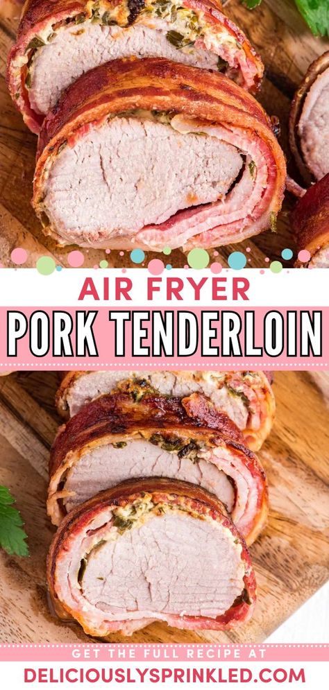 This holiday recipe lets you have the BEST Air Fryer Pork Tenderloin! Wrapped in bacon and flavored with mustard and herbs, this entree idea is a perfect Christmas dinner recipe. Plus, 6 ingredients are all you need for this easy main dish! Air Fryer Pork Tenderloin, Fried Pork Tenderloin, Asian Steak Bites, Air Fryer Pork, Ground Pork Recipes, Bacon Wrapped Pork, Tenderloin Roast, Healthy Baked Chicken, Wrapped In Bacon