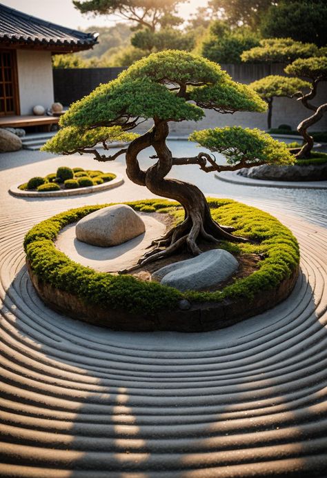 31 Gorgeous Rock Garden Ideas For Your Outdoor Oasis Japanese Garden Rocks, Front Yard Zen Garden Landscaping Ideas, Circular Garden Design Landscaping, Japanese Gravel Garden, Garden Trees Ideas, Bonsai Garden Landscaping, Bonsai Garden Ideas, Japanese Garden Aesthetic, Japanese Rock Garden Ideas