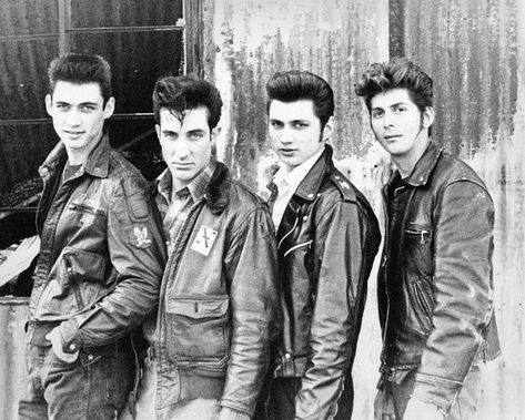 Greasers - Rockabilly Greaser Guys, 50s Greaser, Greaser Jacket, Greaser Aesthetic, Greaser Style, Greaser Hair, Rockabilly Bands, Shaving Cut, Boys Leather Jacket