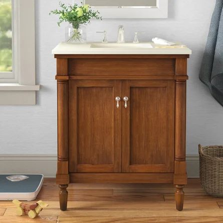 Andover Mills™ Brantley 30" W Single Bathroom Vanity Set | Wayfair 30” Wood Bathroom Vanity, Extra Small Bathroom Vanity, Vintage Inspired Bathroom Vanity, Bathroom Vanity 30", Small Wood Bathroom Vanity, Cream Countertops Bathroom, Bathroom Single Vanity Ideas, 30” Bathroom Vanity, One Sink Bathroom Vanity