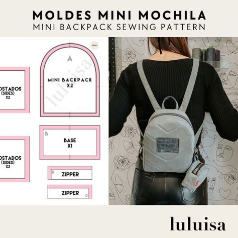 LuLuisa Mini Backpack Diy Free Pattern, Mini Backpack Pattern Free, Backpack Template Free Printable, Mini Backpack Diy, Mini Backpack Pattern, Backpack Patterns, Mini Bag Pattern, Backpack Sewing Pattern, Diy Backpack Pattern