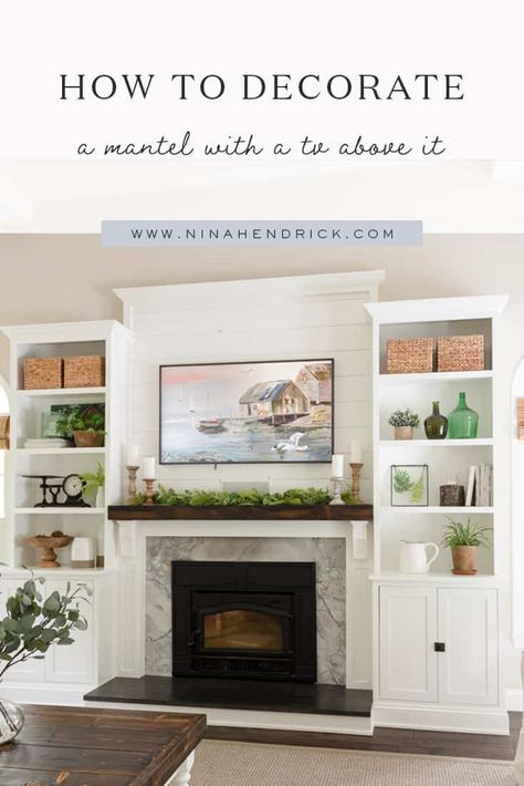 Wondering how to decorate with a TV above your mantel? It's a common decorating dilemma, but luckily there are some solutions that can make everyone happy! Fireplace Mantel Decorating Ideas With Tv Above, Mantel Tv Decorating Ideas, How To Decorate A Fireplace With A Tv, Mantle Decor Tv Above, How To Decorate Mantel With Tv Above It, Fireplace Bookshelves Decor, Fireplace Mantel Decorating Ideas Tv, Farmhouse Mantle With Tv, Decorate Mantle With Tv