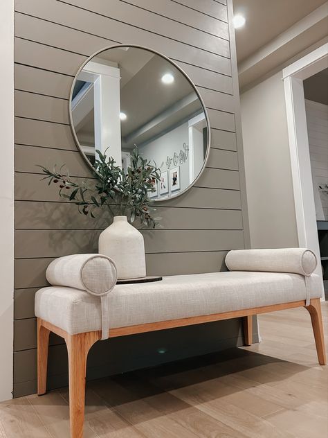 Slanted Wall Entryway Ideas, Front Entrance Feature Wall, Shiplap Wall Front Entrance, Front Entryway Accent Wall, Shiplap Front Entry, Small Entry Accent Wall, Front Entry Accent Wall, Foyer Wall Colors Entry Ways, Shiplap In Hallway