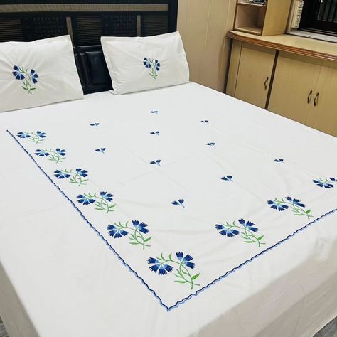 DESIGNER KING SIZE EMBROIDERED PURE COTTON BEDSHEET 👁️ ⬅️Size : 108/108 inches ⬅️Fabric : 100% Cotton ⬅️Set Contains: 1 bedsheet with 2 pillow covers ⬅️Machine Embroidery ⬅️ 300 Thread Count 1650 free ship Bedsheet Embroidery Design, Bedsheet Embroidery, Embroidered Bedsheets, Embroidered Sheets, Bed Sheet Painting Design, Bed Cover Design, Designer Bed Sheets, Designer Bed, Hand Embroidery Patterns Free