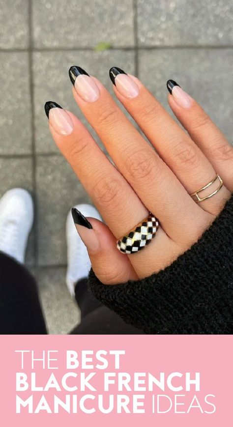 White Nail With Black French Tip, Black Tip French Manicure Almond, Natural Nails Black Tips, French Manicure With Black Line, Color Tipped French Manicure, Black Tips With Silver Line, French Tip Colors Ideas, Black Reverse French Nails, Silver Nails With Black Tips