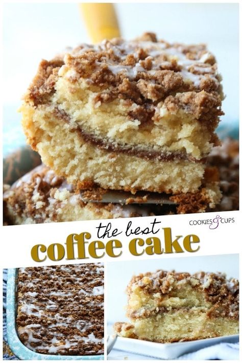 The VERY Best Coffee Cake Recipe ever is moist and buttery, with a cinnamon sugar layer in the middle topped with crumb topping and a sweet glaze icing. Grab a cup of coffee and enjoy! #cookiesandcups #coffeecake #crumbcake #cinnamonsugar #cakerecipe #cinnamoncake #breakfast #brunch Coffee Cake For A Crowd, Cake For A Crowd, The Best Coffee Cake, Best Coffee Cake, Pecan Coffee Cake, Coffee Cake Recipes Easy, Lil Luna, Cinnamon Coffee Cake, Coffee Cake Recipe