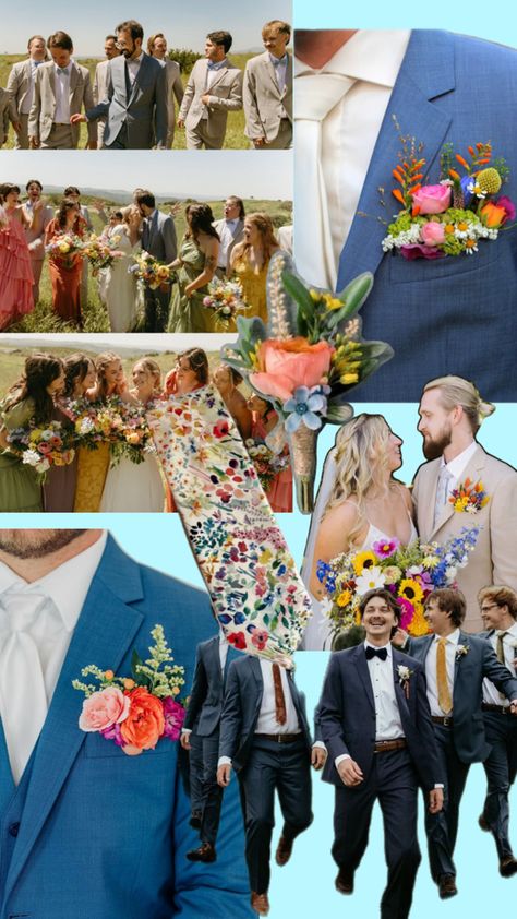 Wildflower Wedding Party Attire, Wildflower Groomsmen Attire, Groom Suit Ideas Color Schemes, Wildflower Wedding Theme Groomsmen, Wildflower Wedding Groomsmen, Colorful Groomsmen Attire, Summer Groomsmen Attire, Wedding Theme Color Schemes, Wedding Suits Groom