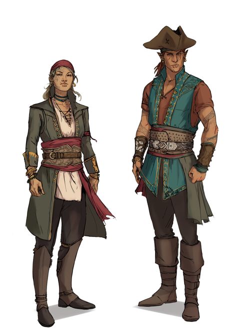 Pirate Crew Fantasy Art, Pirate Bandana Aesthetic, Pirate Illustration Concept Art, Pirate Sketch Character Design, Pirate Art Reference, Dnd Pirate Crew, Fantasy Sailor Outfit, Pirate Crew Character Design, Pirate Outfits Drawing