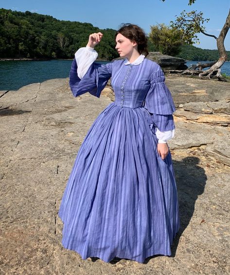 Victorian Indigo Striped Gown — Emma Collins Victorian 1850s Dress, Mid Victorian Fashion, Victorian Day Dress 1850, Early Victorian Dress, Late Victorian Dress, 1860s Fashion Day Dresses, 1870s Dress Casual, Dresses Victorian Era, 1800s Fashion Women