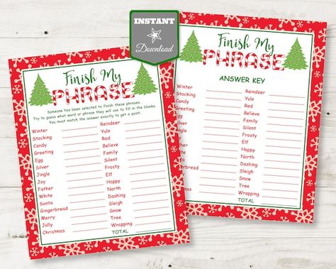 Finish My Phrase Game, Finish My Phrase, Holiday Facts, Gratis Printables, Class Games, Holiday Party Games, Game Party, Guessing Games, Christmas Party Games