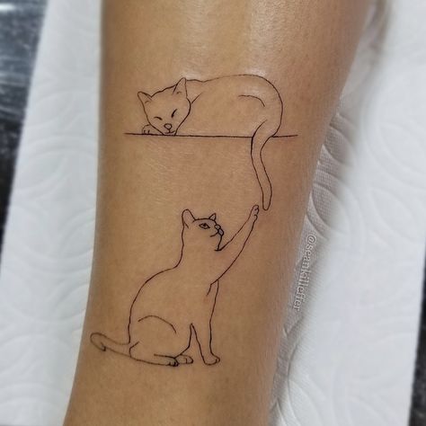 Remembering Cat Tattoo, Cat Tattoo 2 Cats, 2 Cat Tattoo Designs, Minimal Cat Tattoo Line, Simplistic Cat Tattoo, Cat In A Box Tattoo, Line Work Cat Tattoo, Fine Line Cat Tattoos, Two Cat Tattoo Designs