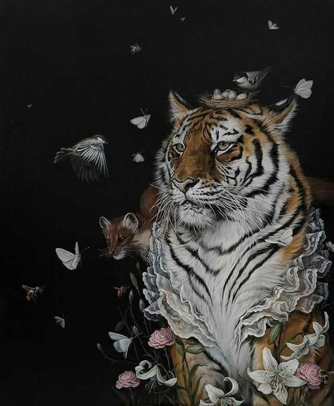 Bizarre Art, Arch Enemy, Magical Realism, Animals In Art, Tiger Art, Pop Surrealism, Surreal Art, Animal Paintings, Big Cats