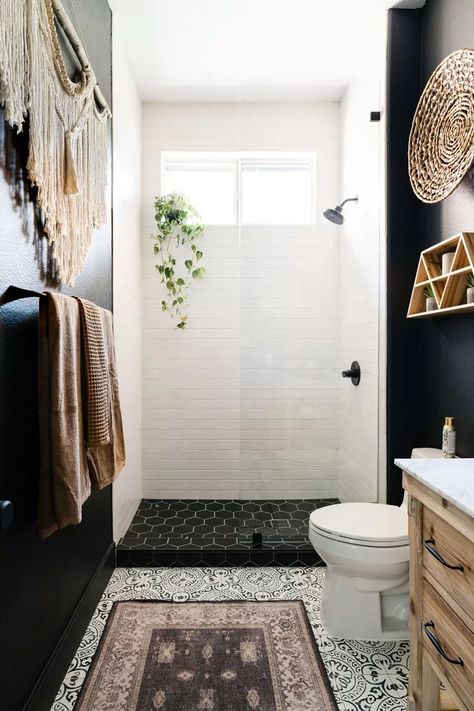 50 Small Bathroom Ideas Dark Boho Bathroom, Narrow Bathroom Layout, Small Narrow Bathroom, Recessed Shelves, Shower Combo, Collected Interiors, Dark Boho, Glass Shower Doors Frameless, Recessed Medicine Cabinet