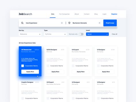 Search Results xd senior sort corporate find design cards career job filter results search page web ux ui Web Wireframe, Responsive Web Design Inspiration, Search Ui, Application Ui Design, Layout Portfolio, Web Design Jobs, Ui Design Mobile, Layout Web, Ui Design Dashboard