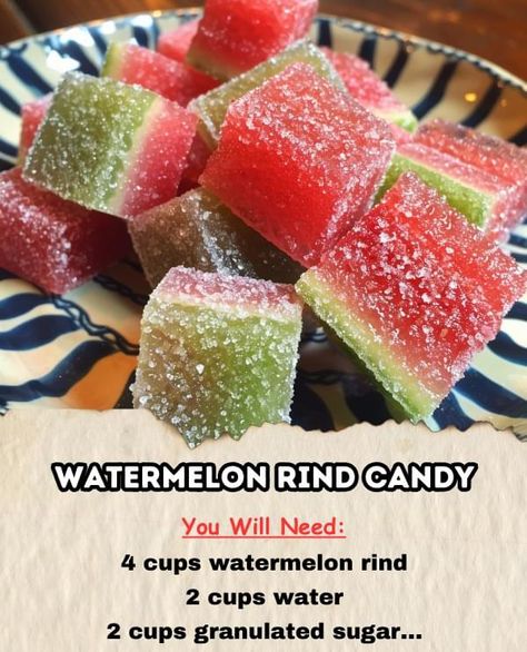 Watermelon Rind Candy is a hit with my kids! It's a fun, frugal recipe that saves money and reduces waste. My whole family, including my husband, loves it!  Ingredients: - 4 cups watermelon rind, peeled and cut into 1-inch cubes - 2 cups water - 2 cups granulated sugar - Juice of 1 lemon - 1 teaspoon lemon zest (optional) - 1/2 teaspoon vanilla extract (optional)  Instructions: 1. In a large pot, combine the watermelon rind cubes and water. Bring to a boil over medium-high heat, then reduce the heat to low and let it simmer for about 10 minutes until the rinds are tender. 2. Drain the watermelon rind cubes and set them aside. 3. In the same pot, combine the granulated sugar, lemon juice, and lemon zest (if using). Stir until the sugar dissolves. 4. Add the cooked watermelon rind cubes back Candied Watermelon Rind Recipe, Watermelon Rind Candy Recipe, Candied Watermelon, Watermelon Rind Recipes, February Quotes, Hard Candy Recipes, Kid Foods, Gummies Recipe, Mexican Candy