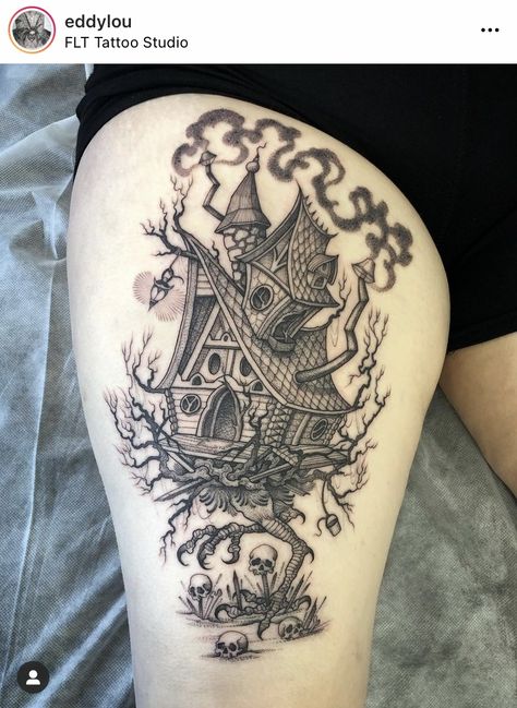 Etching Style Tattoo, Baba Yaga Tattoo, Line Etching, Baba Yaga House, Black Line Tattoo, Learn To Tattoo, Baba Jaga, Slavic Folklore, Witch Tattoo