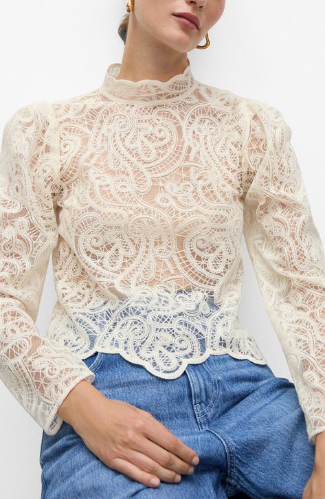 Swirling lace romances this day-to-date-night top designed with a high neckline and scalloped trim. Back button closure Mock neck Long sleeves 71% cotton, 29% polyamide with 100% cotton piping Hand wash, line dry Imported Cotton Lace Blouse, High Neck Lace Top, Denim Party, Women Lace Blouse, Fringe Skirt, Printed Denim, Neck Lace, Long Blouse, Lace Blouse