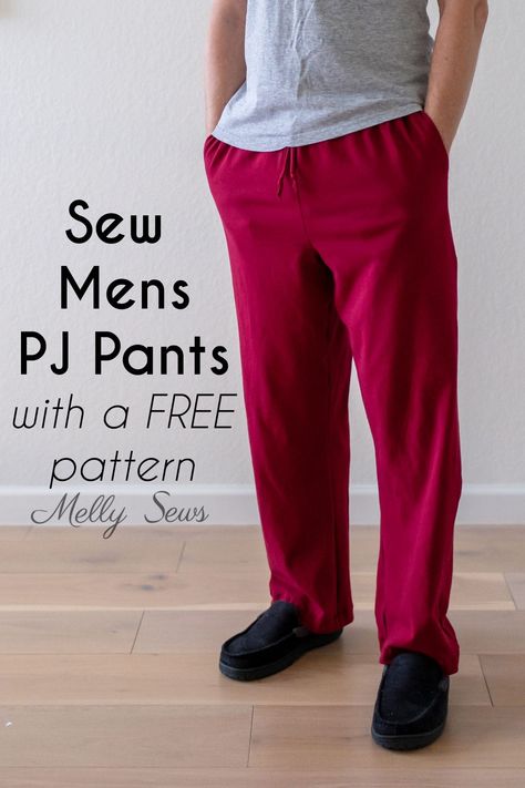 Make lounge pants with this free mens pajama sewing pattern and sewing tutorial. The DIY instructions include video for beginners. Pajama Pants Pattern Free, Pajama Pants Tutorial, Pajama Pants Pattern, Pants Pattern Free, Men Pants Pattern, Melly Sews, Pants Tutorial, Mens Pajama, Mens Lounge Pants