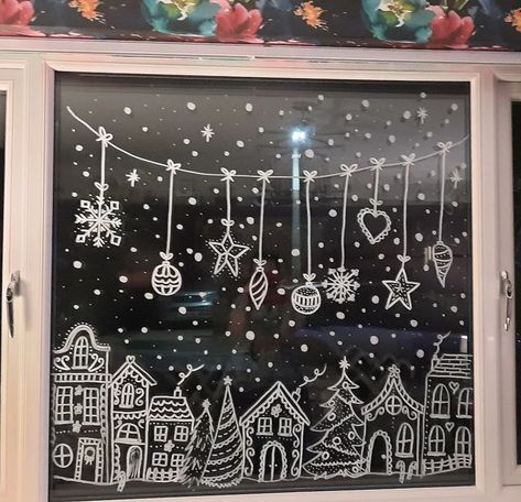 Xmas Window Decorations, Farmhouse Throw Pillows, Home Accessories Ideas, Christmas Chalkboard Art, Painted Window Art, Pillows Ideas, Christmas Window Painting, Window Drawing, Vintage Home Accessories