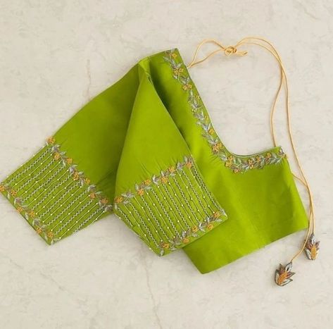 Pink And Green Embroidery Blouse, Green And Pink Blouse Designs, Green Blouse Designs For Saree Silk, Parrot Green Blouse Design, Green Blouse Designs For Saree Bridal, Green Silk Blouse Designs, Green Blouse Aari Work Designs, Bridal Blouse Design, Green Blouse Designs