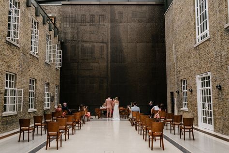 intimate wedding ceremony in the roofed atria at Hackney Town Hall Hackney Town Hall Atria, Hackney Town Hall Wedding, Catherine Deane Wedding Dress, Catherine Deane Bridal, Love Story Photography, Hackney Town Hall, Taco Food Truck, Wedding Dress Pink, Taco Food