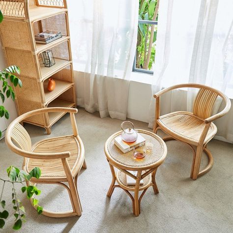 High Quality Nordic Boho Style Bamboo Cane Natural Rattan chairs – Forplanetsake Rattan Chair Design, Wicker Chair Bedroom, Rattan Handicraft, Cane Furniture Living Room, Boho Style Restaurant, Bamboo Chair Design, Vintage Rattan Furniture, Space Restaurant, Bamboo Furniture Design