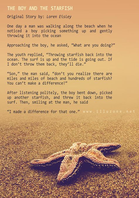 SHORT STORY | The boy and the starfish. http://illuzone.net/illu/short-story-the-boy-and-the-starfish Short Motivational Stories, Motivational Stories Inspirational, Starfish Story, Stories With Moral Lessons, Motivational Short Stories, Walking Along The Beach, Short Moral Stories, 30 Quotes, Inspirational Short Stories