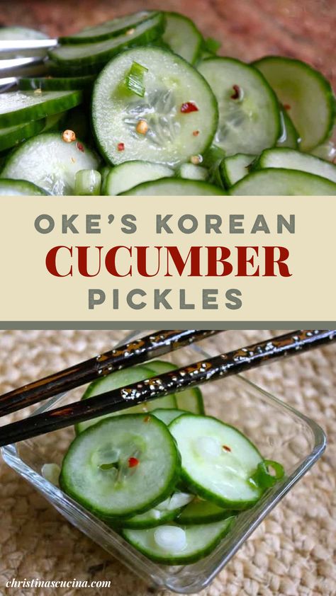 Oke’s Korean Cucumber Pickles are a standard Korean side dish, often served with Korean bbq as part of the banchan dishes. Korean Cucumber Pickle Recipes, Korean Cucumber Pickle, Pickled Korean Cucumbers, Korean Side Dishes Vegetables, Korean Cucumbers, Korean Pickles Recipe, Korean Pickled Cucumber, Korean Bbq Side Dishes, Bbq Ribs Sides