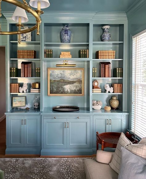 Painted Built Ins, Home Library Rooms, Built In Shelves Living Room, Decorating Bookshelves, Built In Cabinet, Piano Room, February 8, Built In Bookcase, Blue Rooms